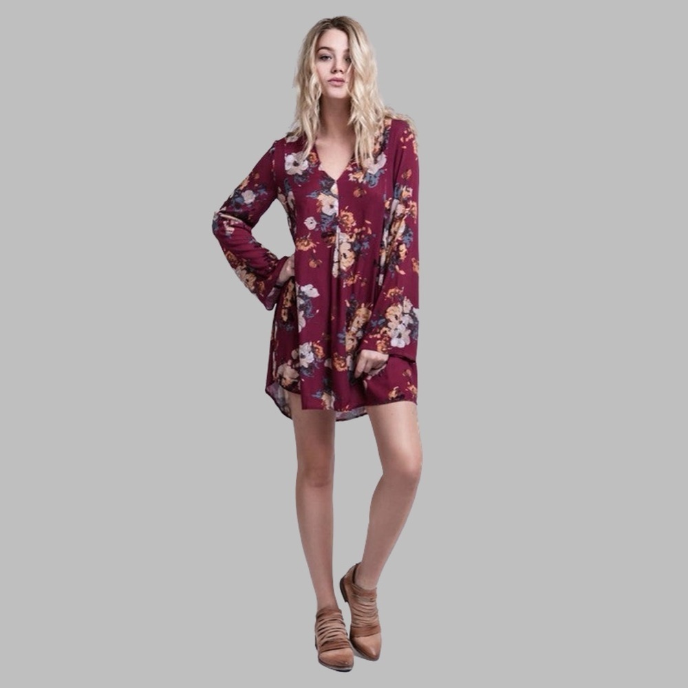 Lace up Bodice Bell Sleeve Floral Mini Dress/Tunic Size Medium
